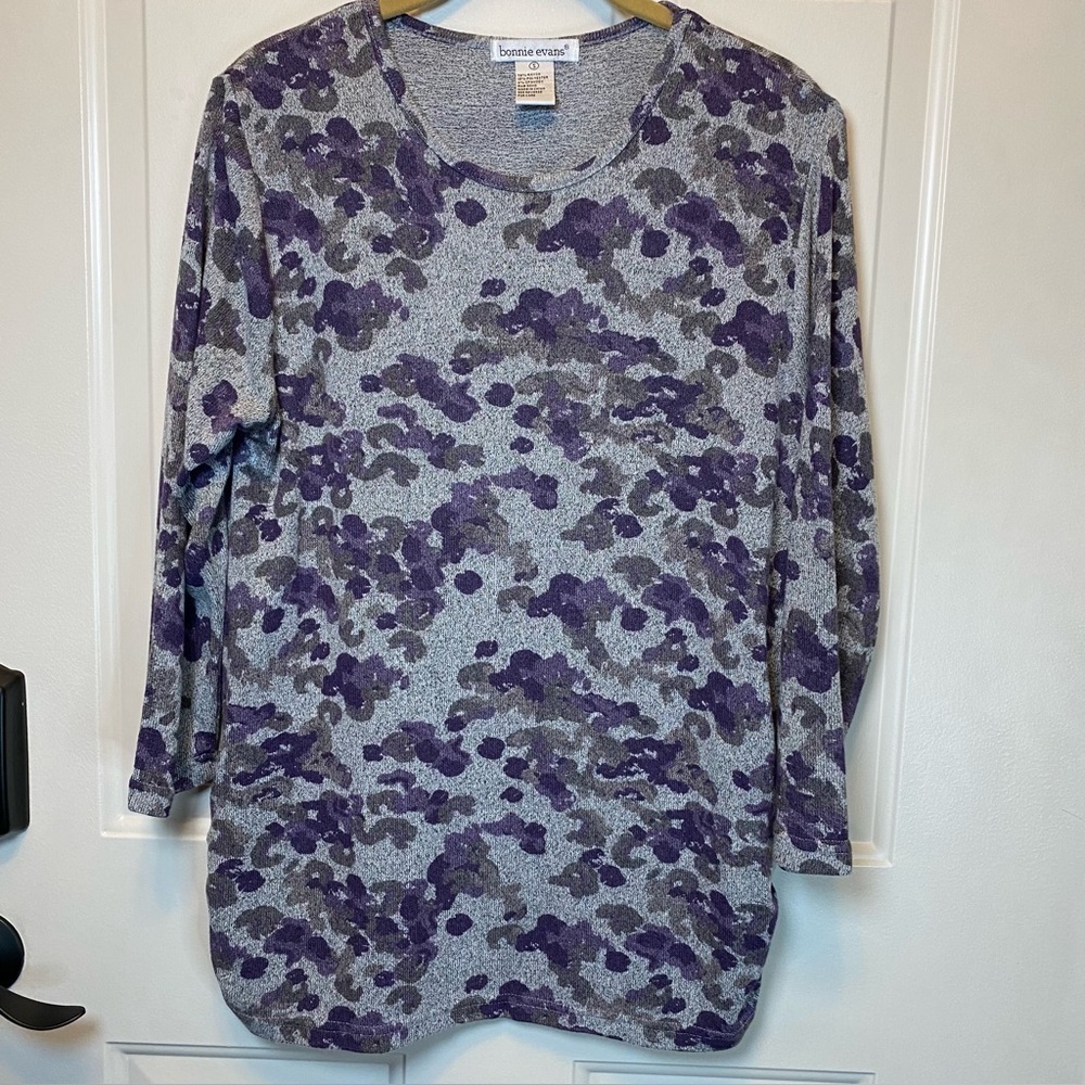 Bonnie Evans Knit Top Sz Small Gray Purple Abstract  3/4 Sleeve Side Ruching